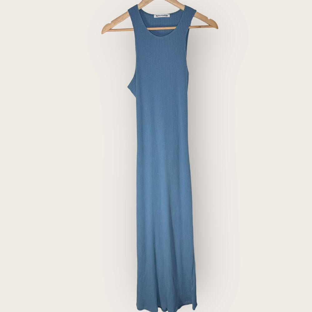 Reformation Candice Bodycon Midi Dress Cut Out Large Blue Ribbed Knit Open Back
